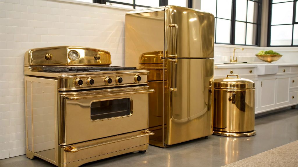 Shiny polished brass kitchen appliances showcasing their vintage charm and modern comeback in home decor trends.