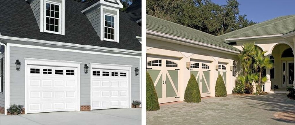 Close-up view of glass, wooden, and steel garage doors showing texture and material differences