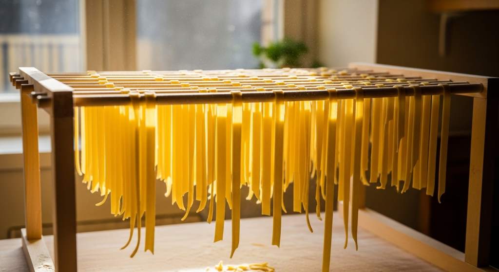 Freshly cut homemade fettuccine noodles hanging to dry on wooden rack