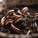 Close-up view of multiple centipedes crawling through dark potting soil in a plant container