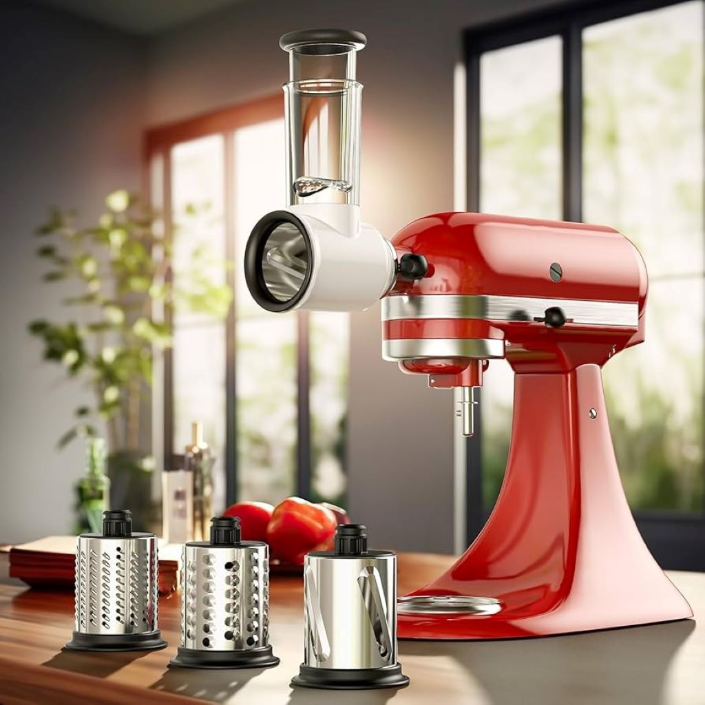 KitchenAid mixer with multiple food prep attachments on a kitchen countertop.