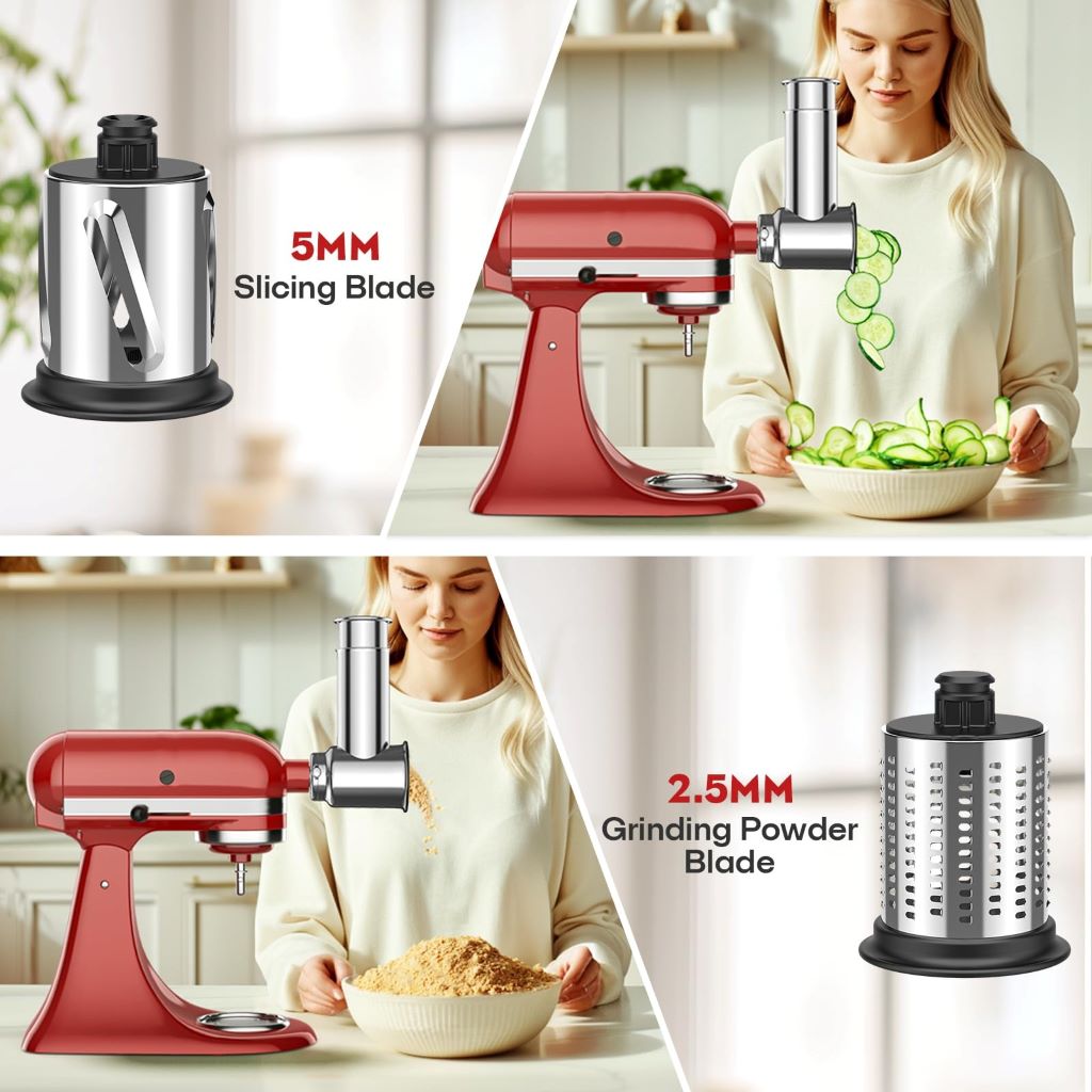 Home chef using KitchenAid food prep attachments to simplify meal preparation.