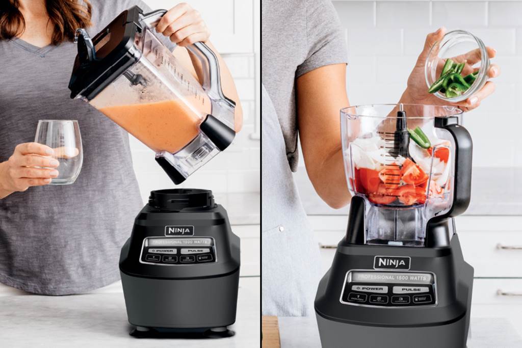 Ninja professional blender blades shredding frozen fruit effortlessly in large pitcher