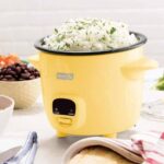 Compact lavender Dash rice cooker on kitchen counter with steamed rice.