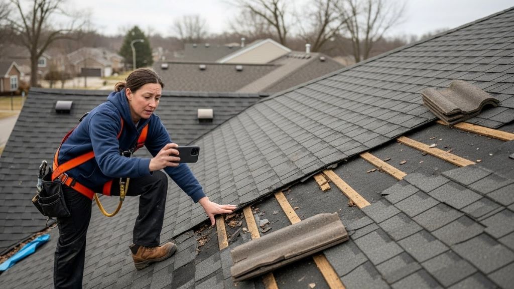 Homeowner documenting roof damage with photographs before insurance inspection appointment