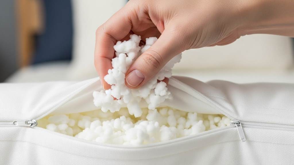 hand removing shredded memory foam fill from Coop Pillow inner zipper