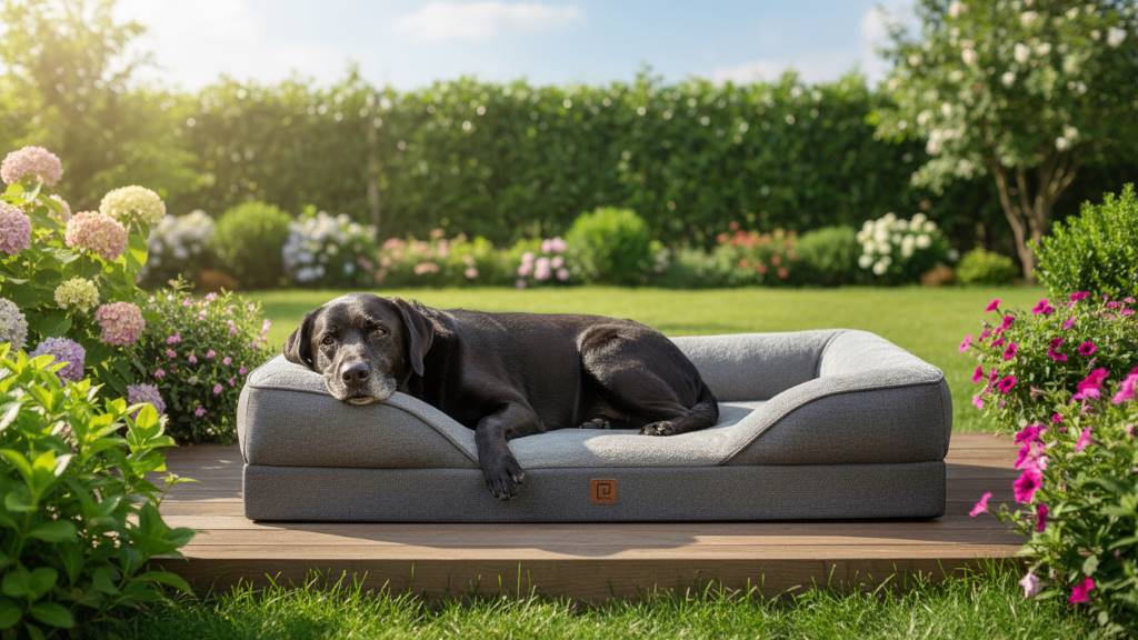 Senior Labrador with improved mobility lounging on supportive dog bed for heavy dogs amid green backyard