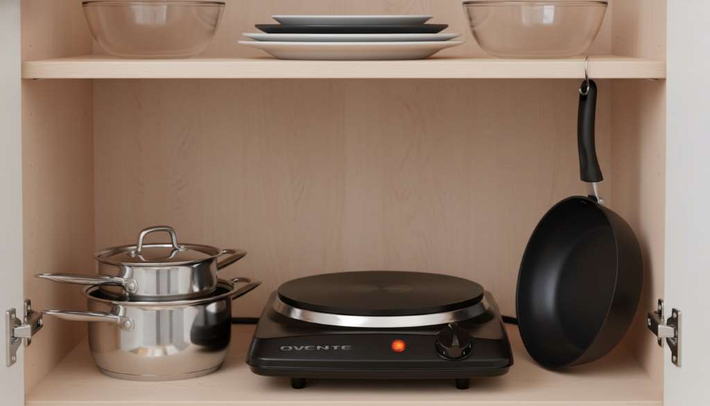Compact OVENTE single burner stored neatly in a small kitchen cabinet alongside pots and pans