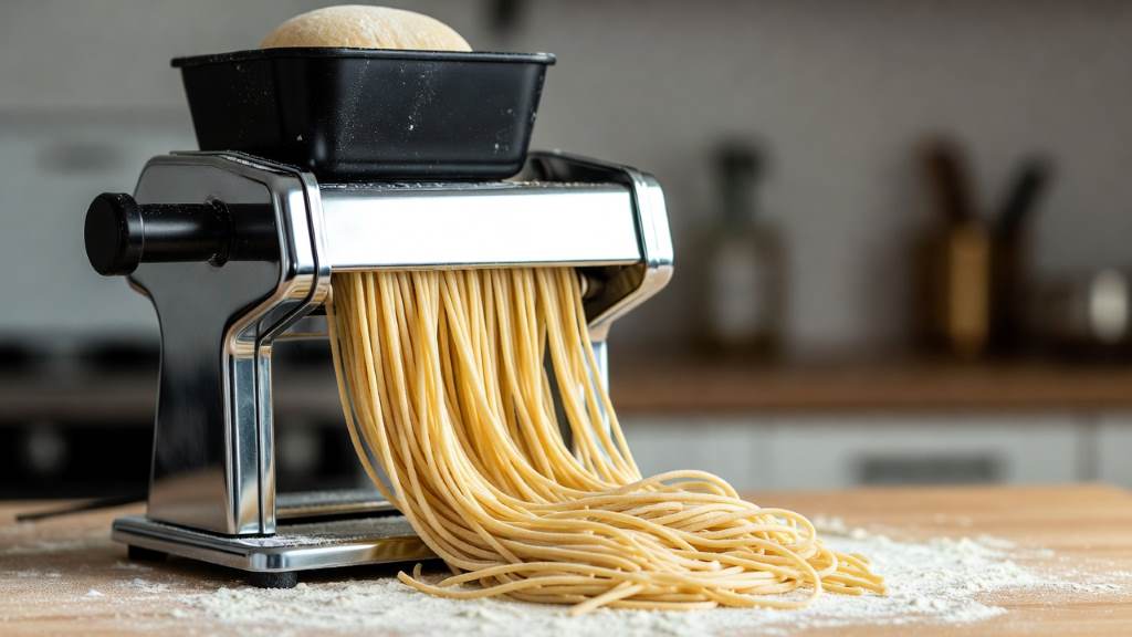 Electric pasta maker extruding perfect spaghetti strands onto a floured surface