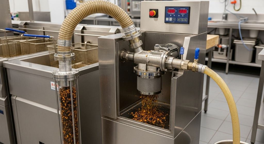 Commercial kitchen filtration machine with pump system removing food particles and debris from used deep fryer cooking oil