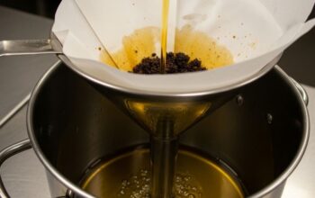 Deep fryer oil being filtered through cone-shaped paper filter into clean metal container for reuse and extended oil life