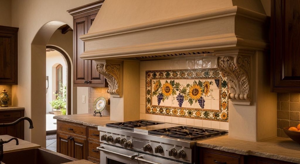 Custom plaster range hood with decorative corbels and tile details hiding modern ventilation in traditional Tuscan kitchen design