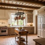 Tuscan kitchen with terra cotta tile floor, exposed wood beams, and panel-ready refrigerator concealed behind distressed wood cabinetry