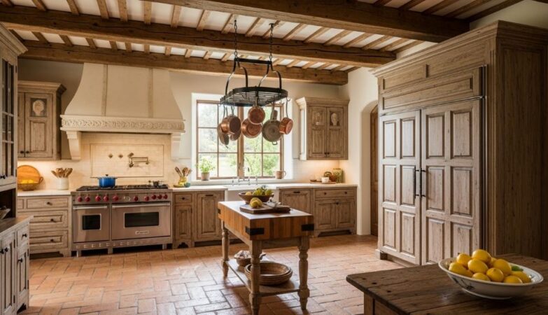 Tuscan kitchen with terra cotta tile floor, exposed wood beams, and panel-ready refrigerator concealed behind distressed wood cabinetry