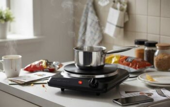 OVENTE 1000W single burner hot plate with cast iron surface heating a small pot on a cluttered apartment counter