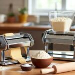 Person cranking a manual pasta machine to roll fresh dough on a wooden kitchen counter