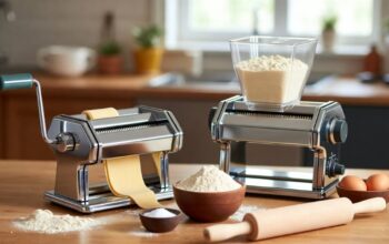 Person cranking a manual pasta machine to roll fresh dough on a wooden kitchen counter