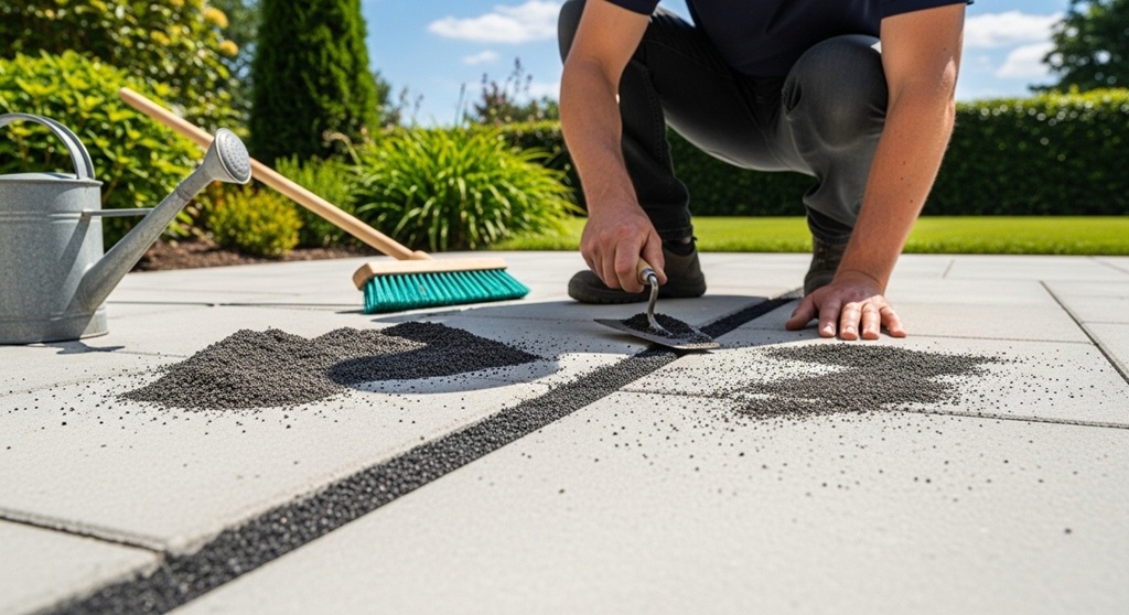 Applying weed barrier fabric under concrete patio