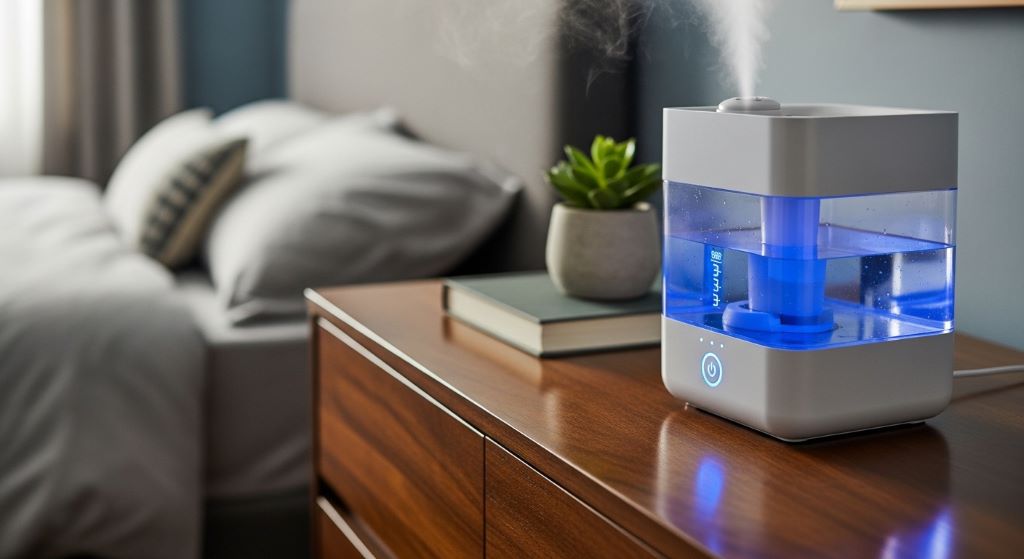 Close-up view of modern ultrasonic humidifier operating quietly on bedroom dresser with glowing blue LED light indicator showing water level
