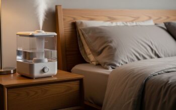 White cool mist humidifier with large transparent water tank releasing fine vapor mist on wooden nightstand beside bed in cozy bedroom