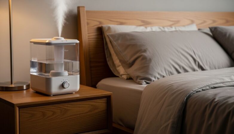 White cool mist humidifier with large transparent water tank releasing fine vapor mist on wooden nightstand beside bed in cozy bedroom