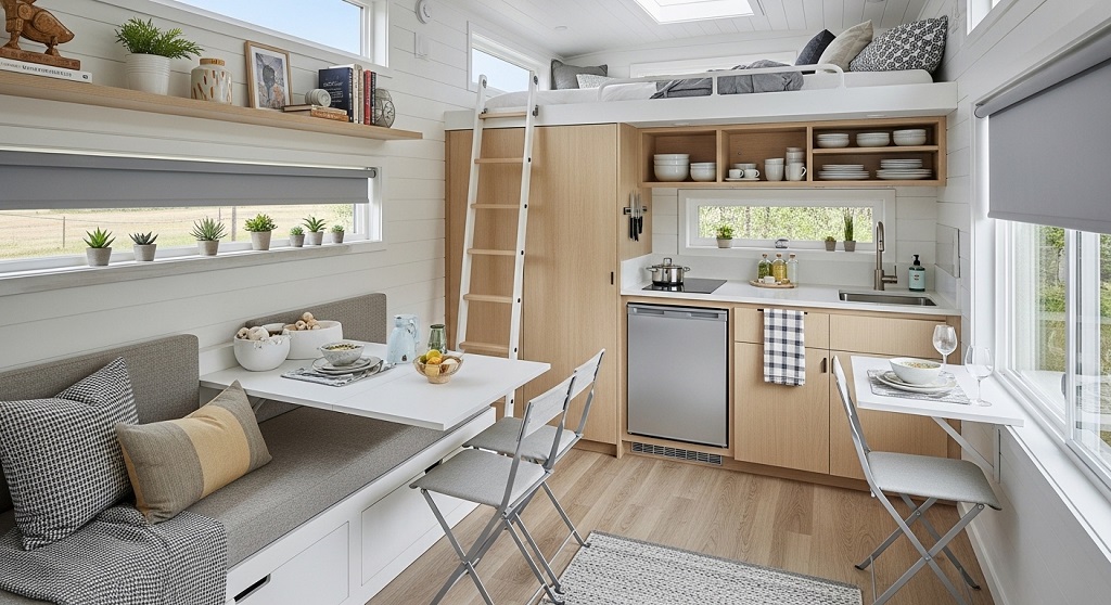 Vertical wall storage solutions in compact tiny house kitchen