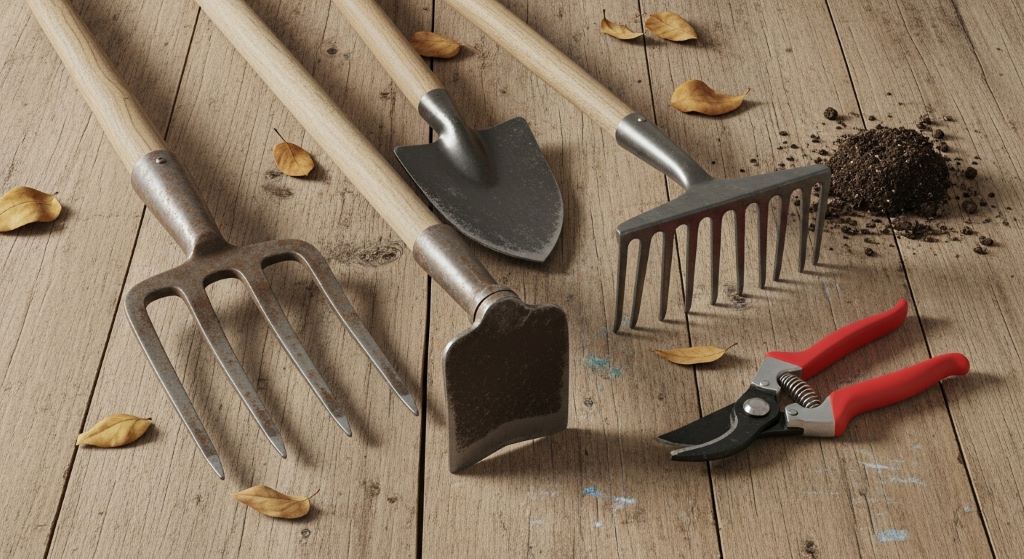 A collection of affordable gardening tools including a fork, hoe, rake, and pruning shears arranged on a wooden surface