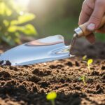 A gardener’s hand holding a stainless steel trowel over a bed of freshly turned garden soil on a sunny day