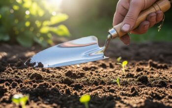 A gardener’s hand holding a stainless steel trowel over a bed of freshly turned garden soil on a sunny day