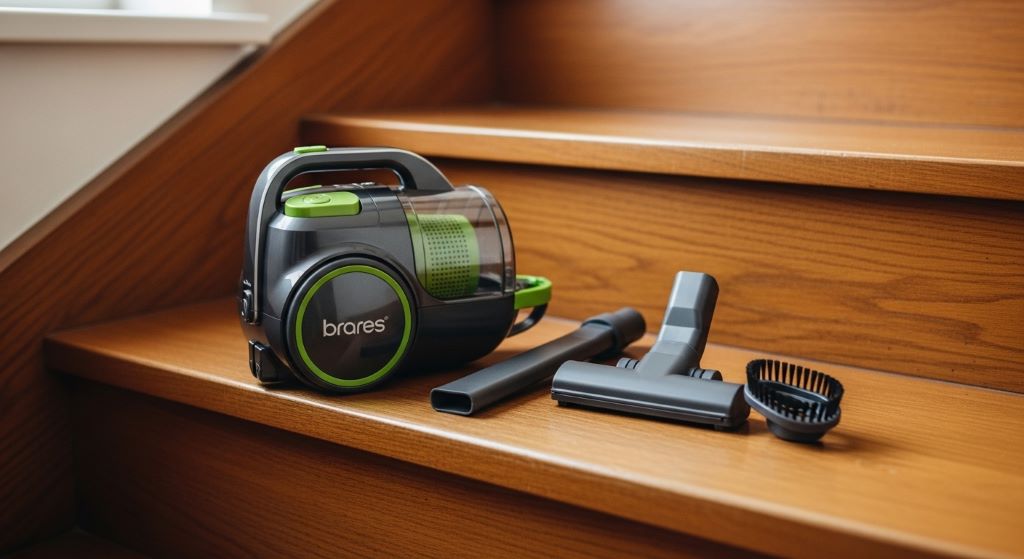 A compact small vacuum with attachments laid out beside it, including a crevice tool and brush head, placed on a wooden staircase