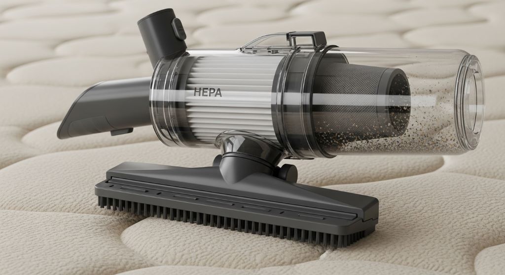 Close-up of a mattress vacuum cleaning tool placed on a mattress surface, showing HEPA filter and dustbin as essential cleaning tools for home use