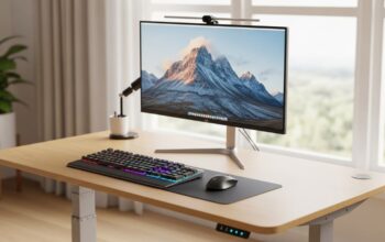 Adjustable standing desk at proper ergonomic height with monitor and keyboard positioned correctly