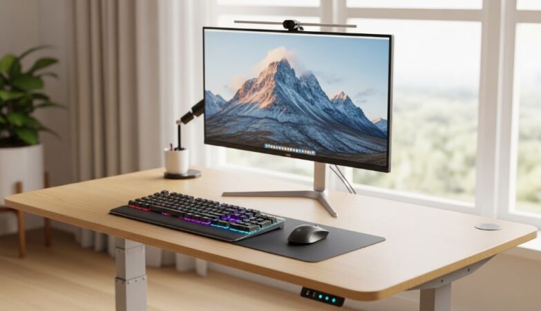 Adjustable standing desk at proper ergonomic height with monitor and keyboard positioned correctly