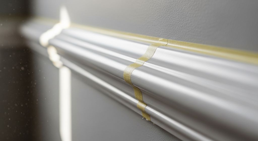 Close-up of a clean paint line on white trim after removing painter's tape