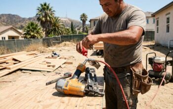 Contractor maintaining a pneumatic nail gun on a Los Angeles construction site during sunny weather