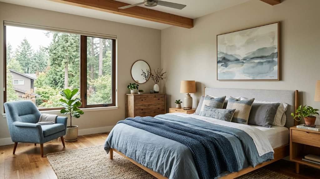 Cozy Portland inspired bedroom featuring dusty blue accents and layered linen textures