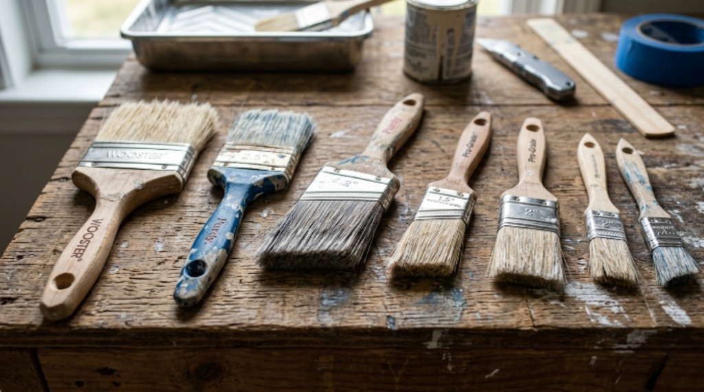 Close-up of various wall painting tools including flat and angled paint brushes arranged on a wooden surface