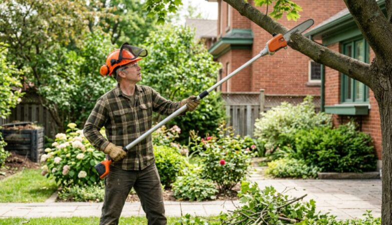 Beginner using an extendable pole saw to trim a tree branch in a residential garden while wearing safety gear