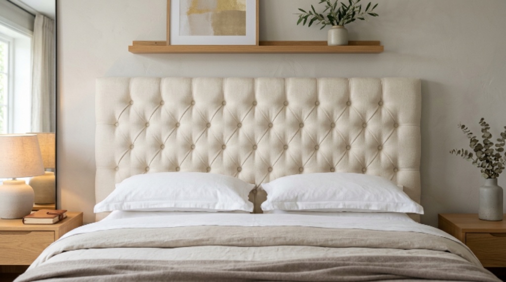 Close-up of a cream linen tufted headboard with button detailing mounted above a neatly made bed in a modern bedroom