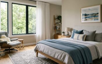 Modern Portland bedroom with muted blue bedding and natural oak furniture near large windows