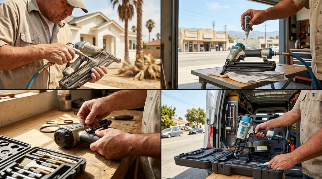 Organized nail gun maintenance tools and fasteners inside a contractor toolbox in Los Angeles