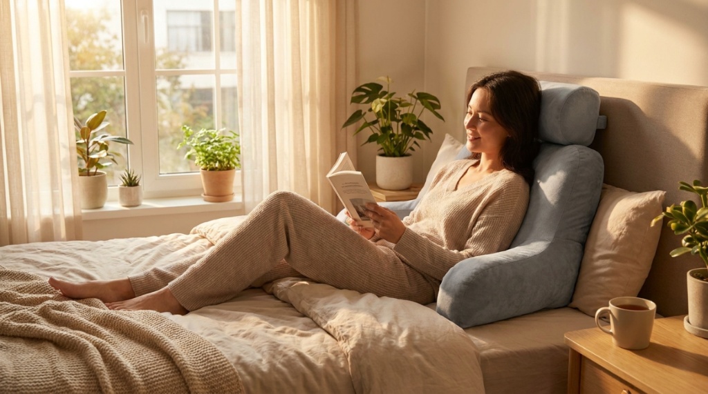 A person reading comfortably in bed supported by an ergonomic back pain relief pillow.