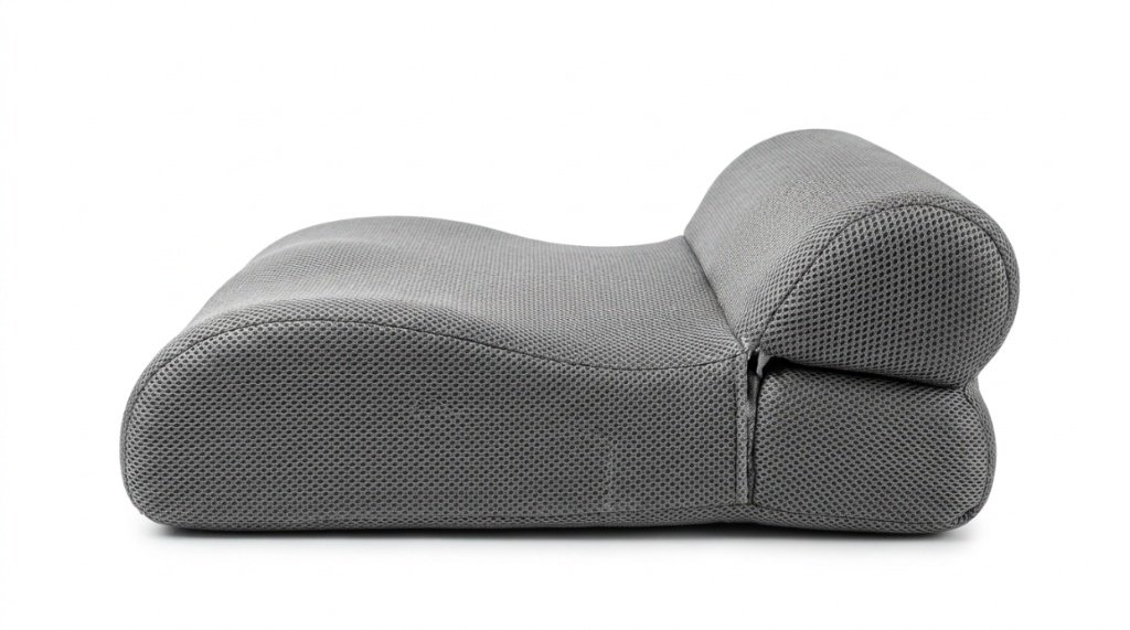 Orthopedic wedge reading pillow placed upright against a headboard in a modern bedroom.