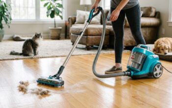 Canister vacuum cleaning pet hair from a living room rug