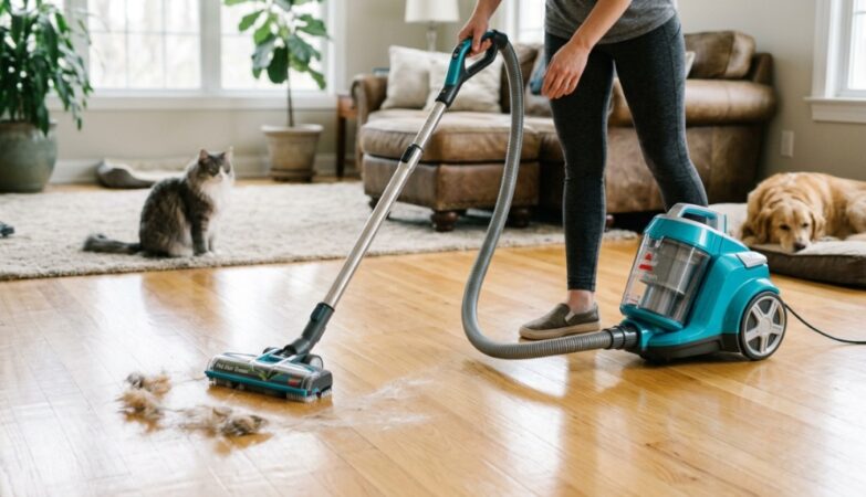 Canister vacuum cleaning pet hair from a living room rug