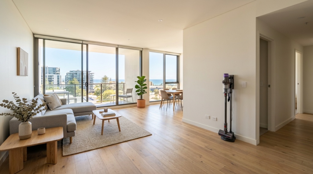 Person using a lightweight compact vacuum cleaner on carpeted apartment stairs.
