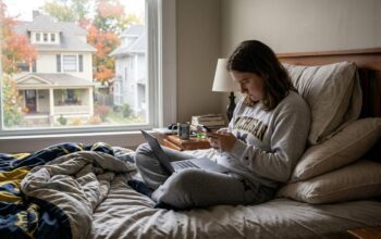 Person sitting upright on a bed with proper back support