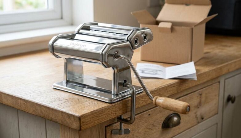 VeoHome manual pasta maker with hand crank and clamp