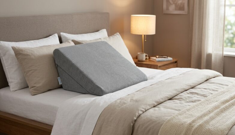 Ergonomic foam wedge pillow on a neutral bed setup.
