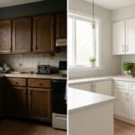 A bright kitchen with freshly painted cabinets and modern silver hardware.